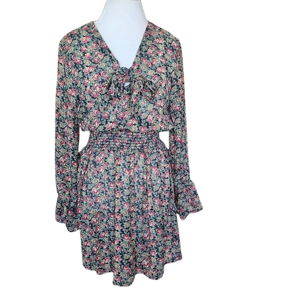 90s Smocked Dark Floral Dress Boho Chiffon Blouson Smocked Sz S Long Sleeve - Picture 3 of 10